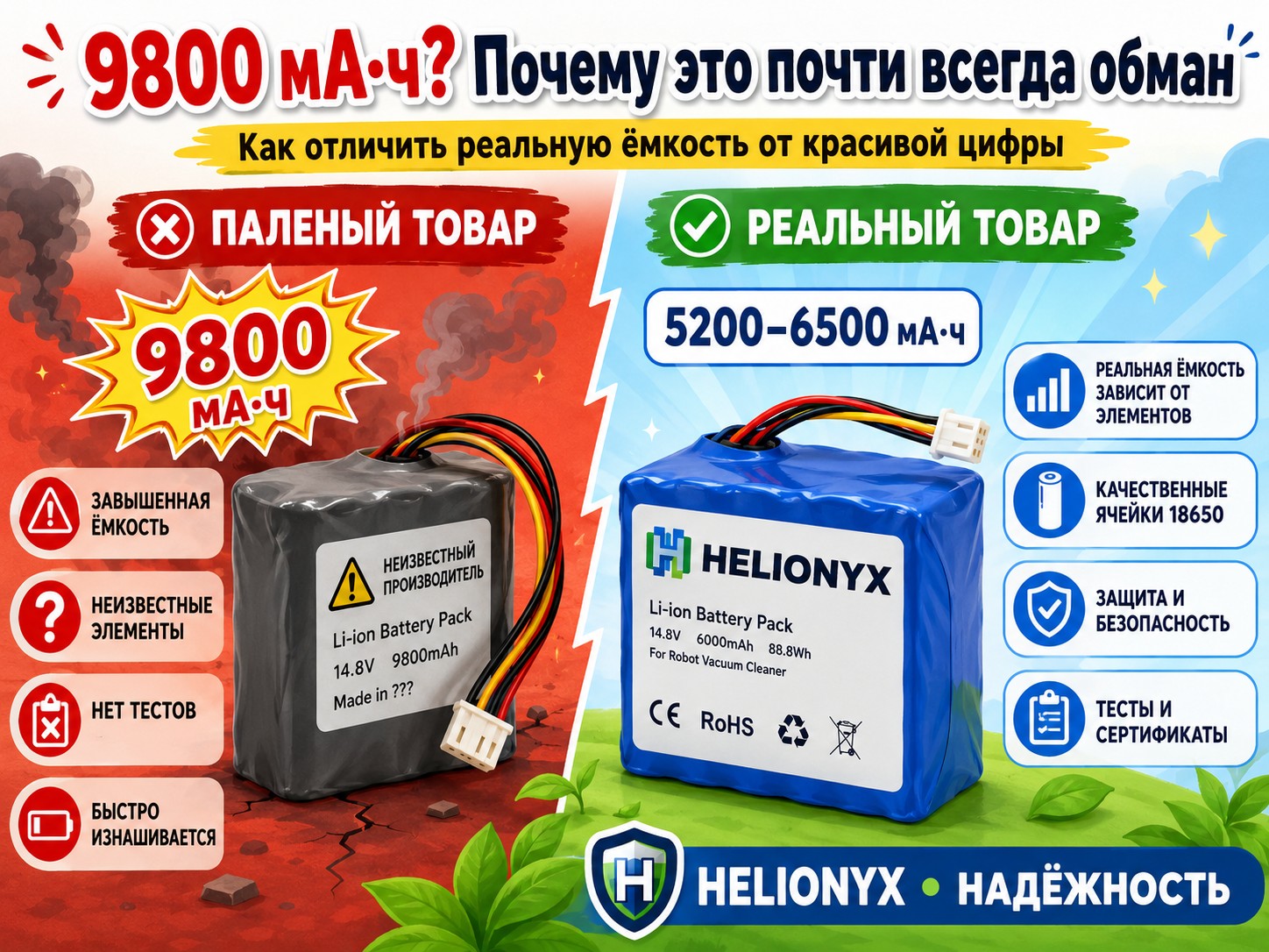 Сравнение заявленной ёмкости 9800 мАч с реальными возможностями аккумуляторных элементов