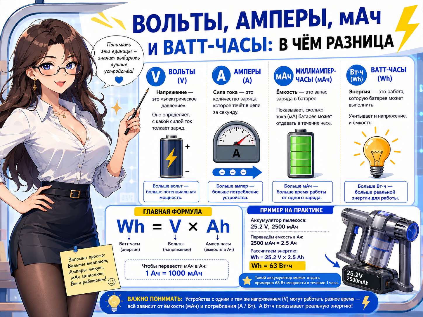 Вольты, амперы, миллиампер-часы и ватт-часы — наглядное объяснение на примере аккумулятора пылесоса